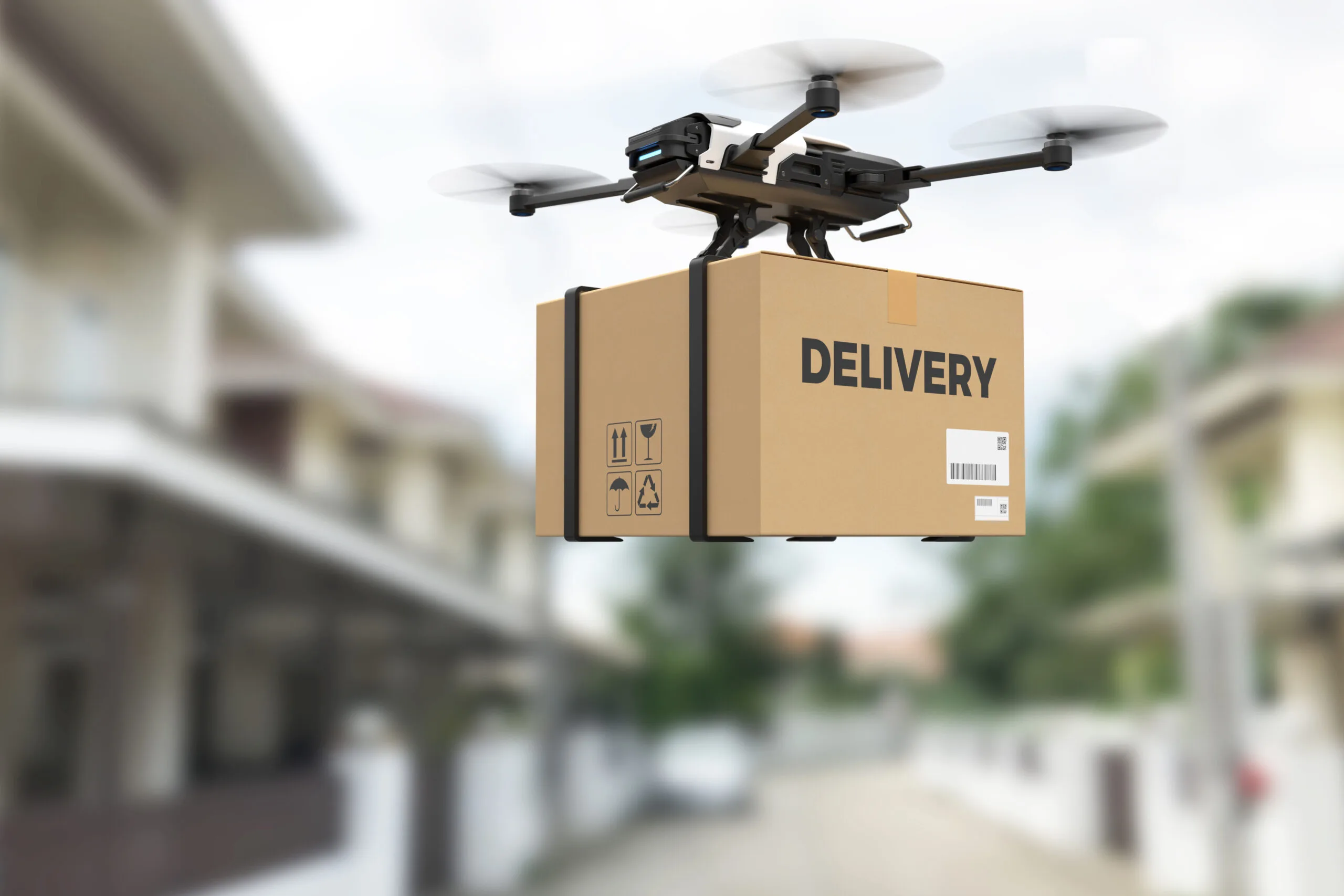 Drones delivering packages in an urban area